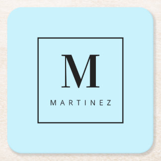 Custom Marvellous Monogram Light Blue Square Paper Coaster
