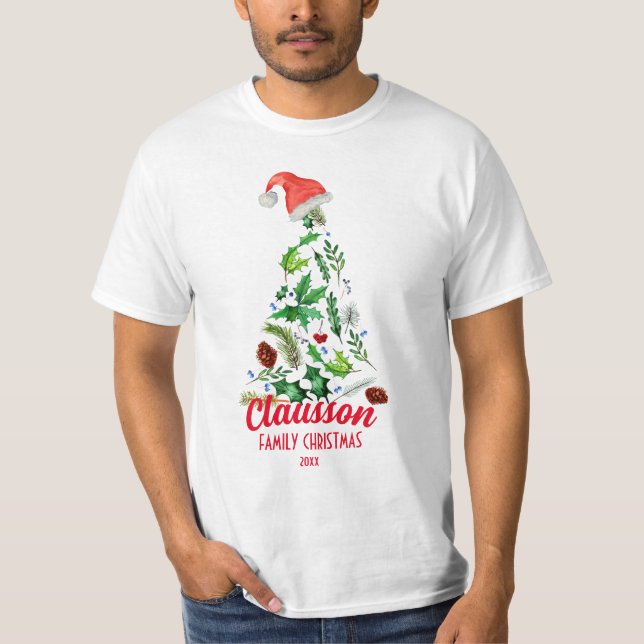 Custom Matching Family Name Christmas Tree Santa T-Shirt (Front)