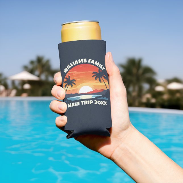 Custom Maui Trip Cool Sunrise Palm Trees Seltzer Can Cooler (In Situ Pool)