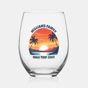 Custom Maui Trip Sunrise Palm Trees Keepsake Stemless Wine Glass