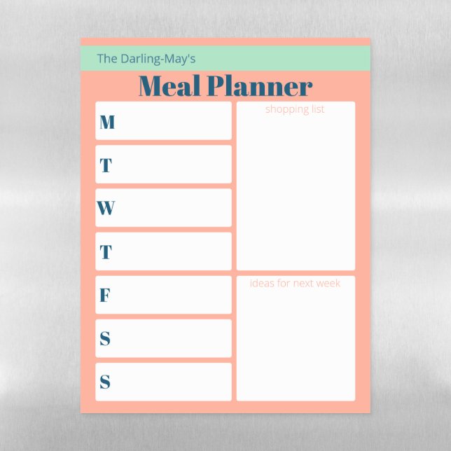 Custom Meal Planner & Shopping List Coral Seafoam Magnetic Dry Erase Sheet (Vertical)