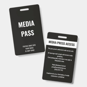 Custom Media Press Access Concert Festival White ID Badge