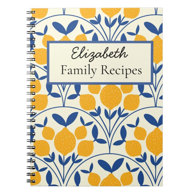 Custom Mediterranean Lemons on Blue scallop Recipe Notebook (Front)