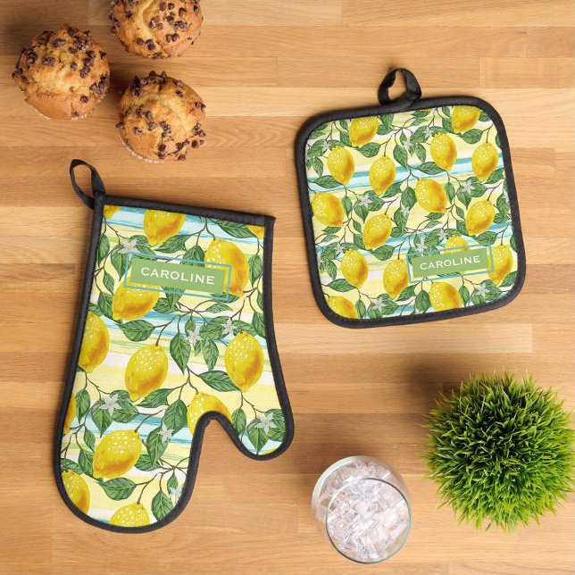 Custom Mediterranean Summer Lemon Fruit Pattern Oven Mitt & Pot Holder Set (Creator Uploaded)