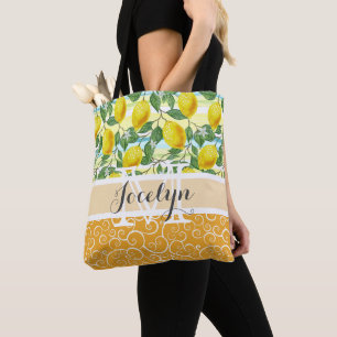 Custom Mediterranean Summer Lemon Fruit Pattern Tote Bag