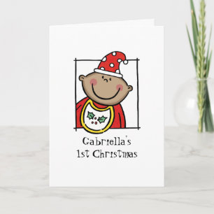 Custom Medium Skin Tone Baby's First Christmas Holiday Card
