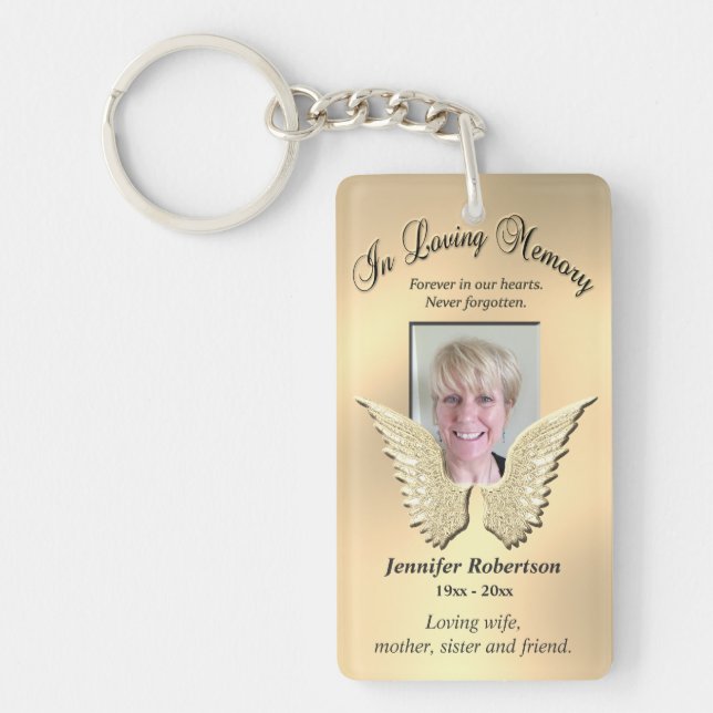 Custom Memorial Angel Wings Add Photo Gold Key Ring (Front)