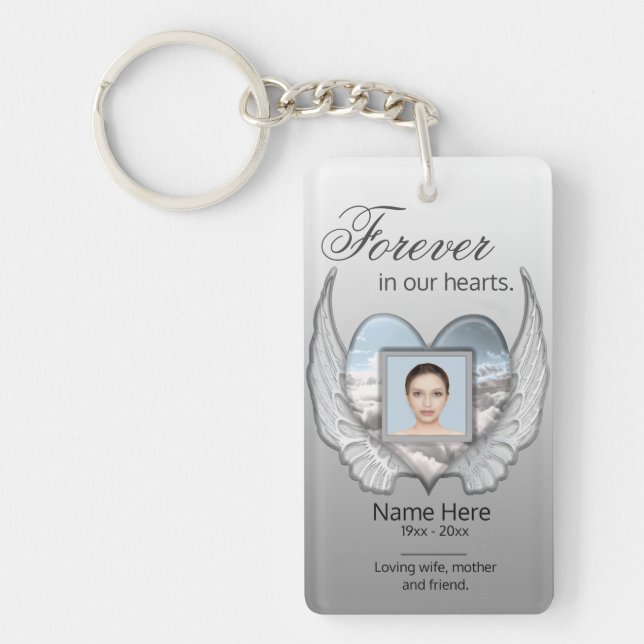 Custom Memorial Angel Wings Heart Add Photo Key Ring (Front)