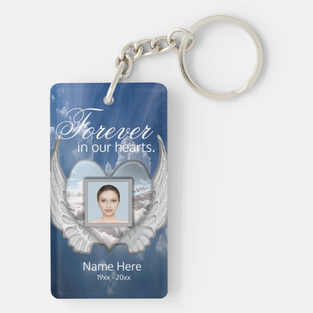 Custom Memorial Angel Wings Heart Add Photo Key Ring (Back)