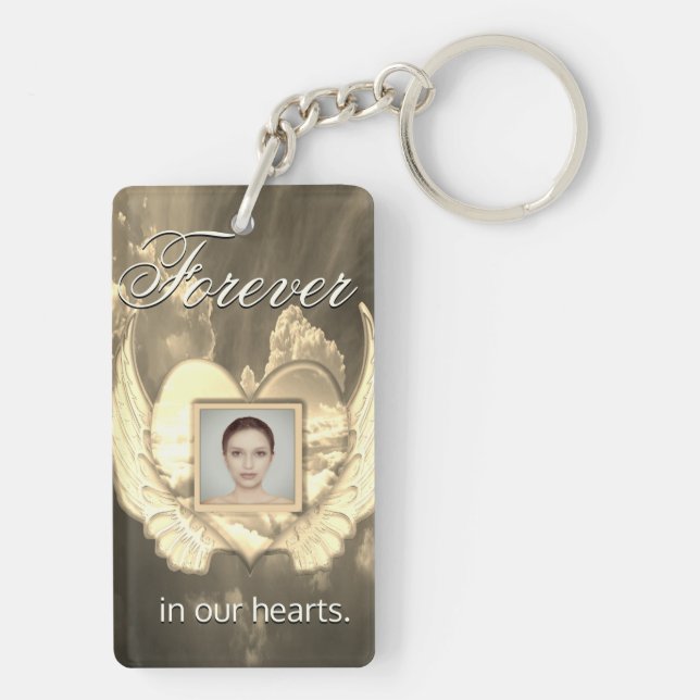 Custom Memorial Angel Wings Heart Add Photo Key Ring (Back)