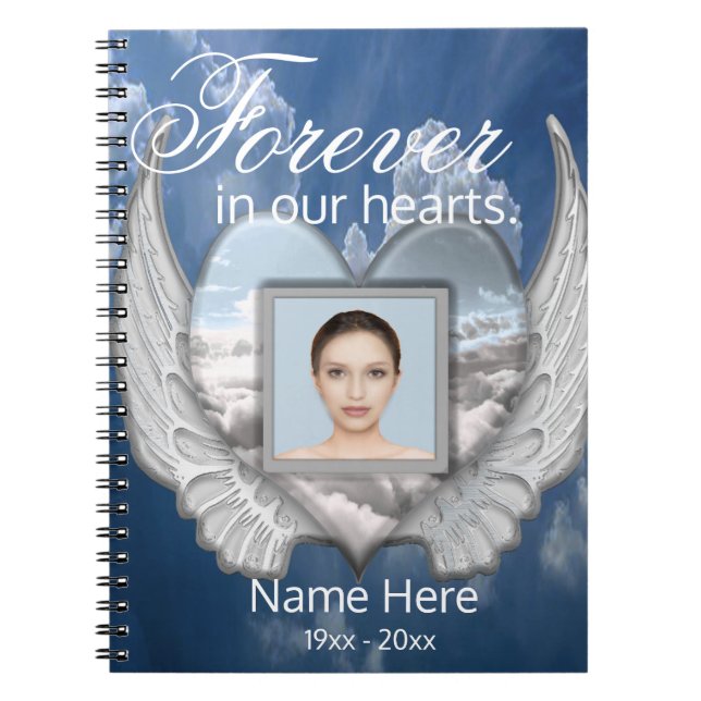 Custom Memorial Angel Wings Heart Add Photo Notebook (Front)
