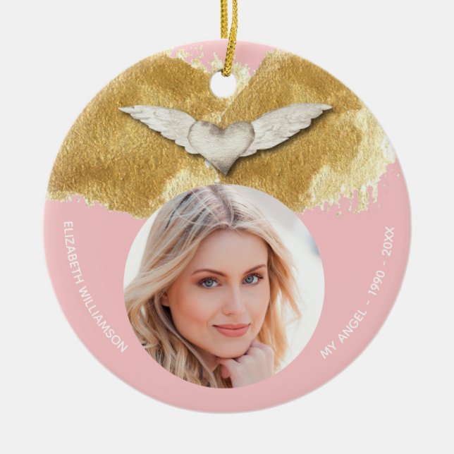 Custom Memorial Angel Wings Keepsake Photo Ceramic Ornament (Front)