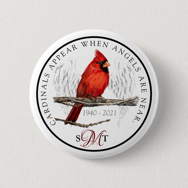 Custom Memorial Initials Cardinal and Angels Near 6 Cm Round Badge (Front)