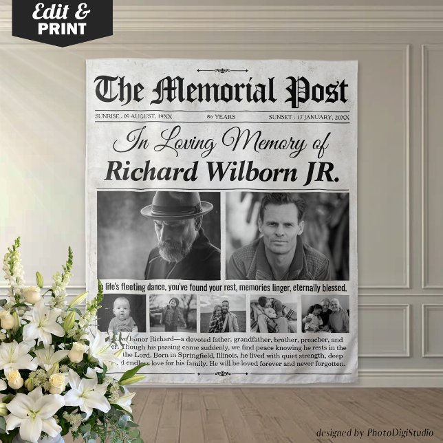 Custom Memorial Newspaper Backdrop with Photos Tapestry (Custom Memorial Newspaper Backdrop with Photos)