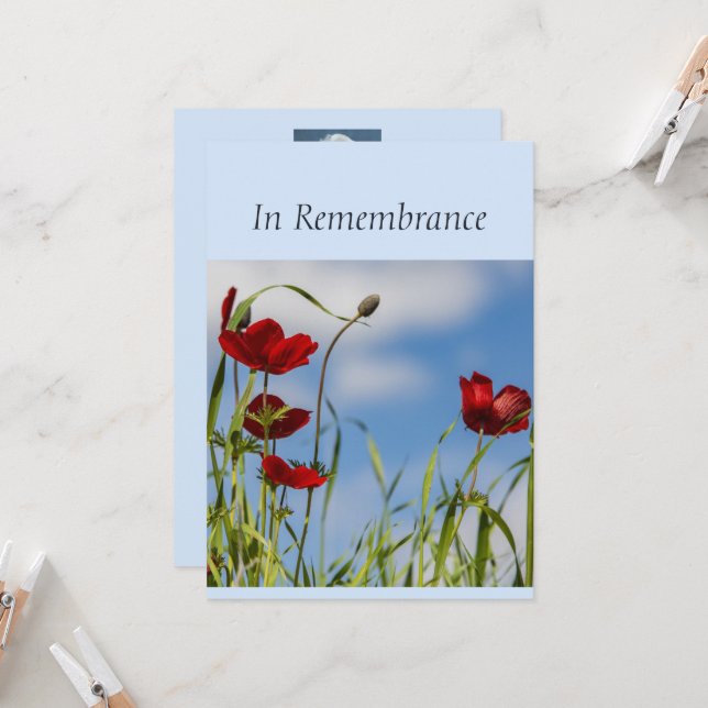 Custom Memorial Service Red Anemone Garden Flower Invitation (Front/Back In Situ)