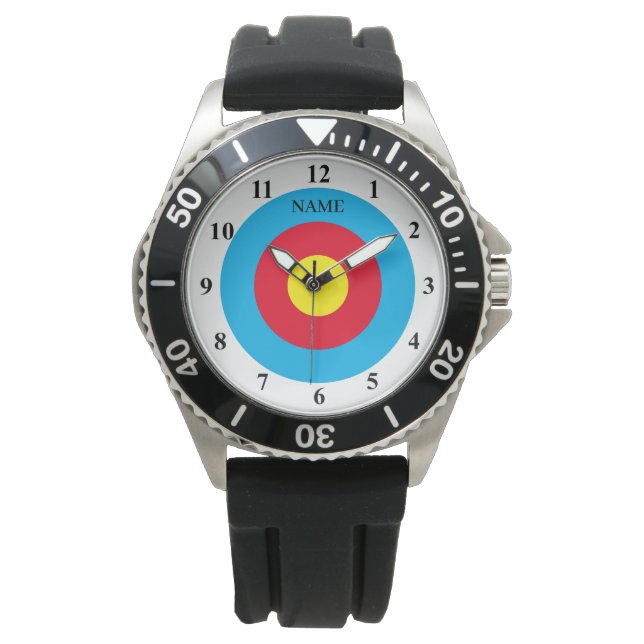 Custom men's watch with archery target bullseye (Front)