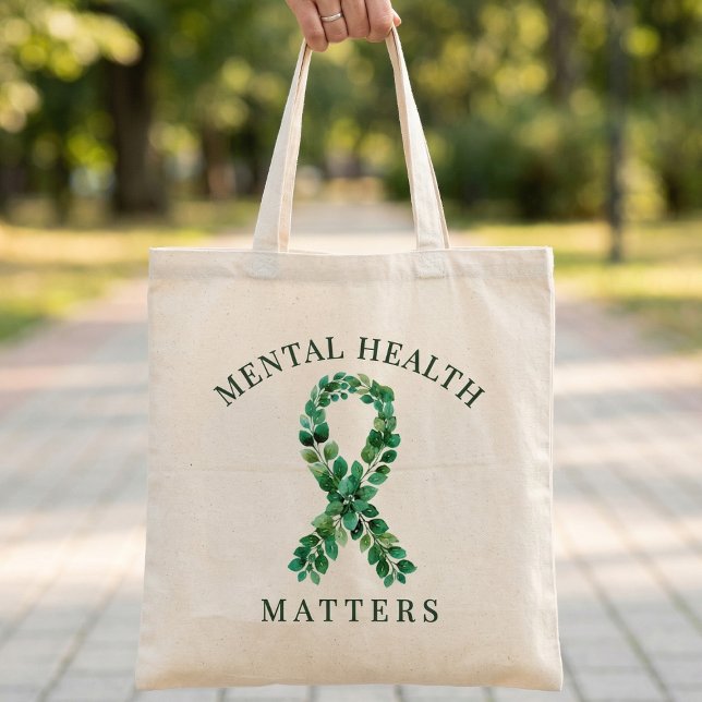 Custom Mental Health Matters Quote Green Ribbon  Tote Bag (Mental Health Matters Awareness  Walk Green Boranical Ribbon )
