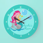 Custom Mermaid Girl Teal Large Clock<br><div class="desc">Beautiful turquoise mermaid bedroom wall clock with your child's name personalised in pretty teal script. This is a cute beach house kids room clock. Images by www.prettygrafik.com</div>