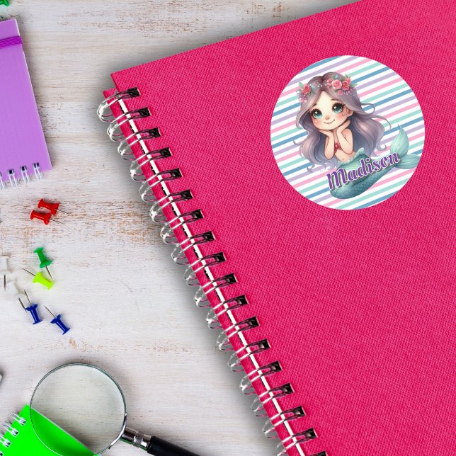 Custom Mermaid striped pattern  Classic Round Sticker (Creator Uploaded)