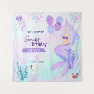 custom mermaid theme birthday girl purple  tapestry