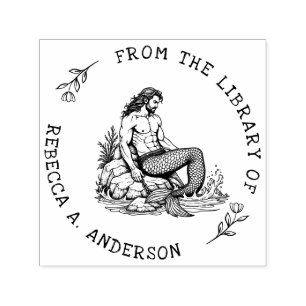 Custom Merman on Rock with Chain Bookplate Stamp