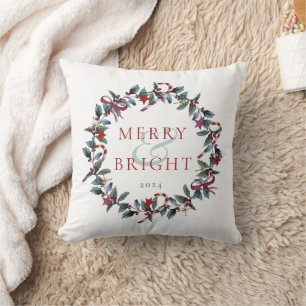 Custom Merry and Bright Christmas Wreath Gift Cushion