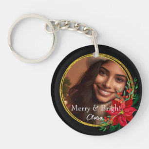 Custom Merry Bright Christmas Photo Red Flower Key Ring