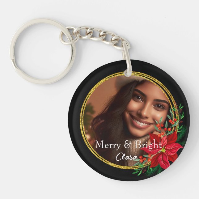 Custom Merry Bright Christmas Photo Red Flower Key Ring (Front)