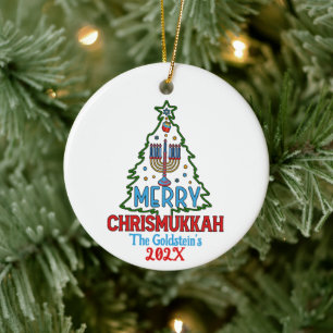 Custom Merry Chrismukkah Happy Hanukkah Ceramic Ornament