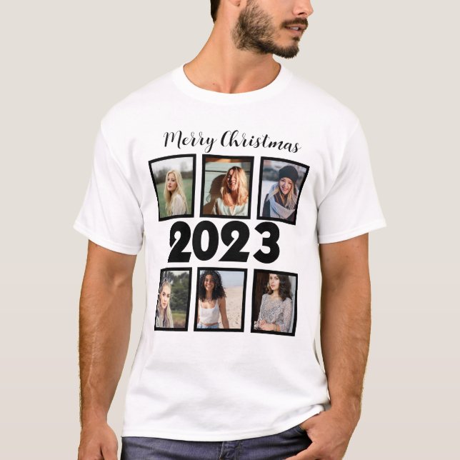 Custom Merry Christmas 2023 6 Photo Collage T-Shirt (Front)