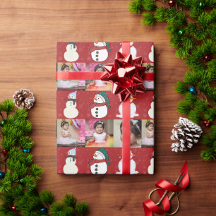 Custom Merry Christmas 2 Photo Snowman  Wrapping Paper