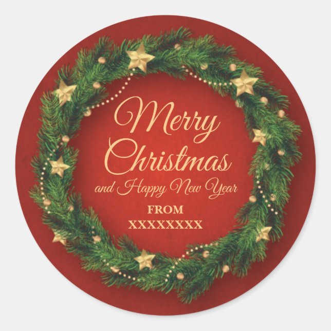 Custom Merry Christmas and Happy New Year Classic Round Sticker (Front)