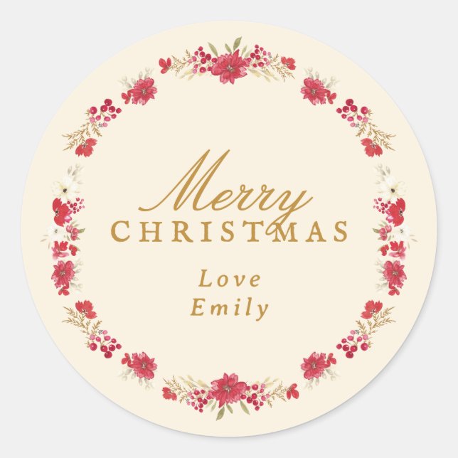 custom merry christmas botanical wreath holiday classic round sticker (Front)