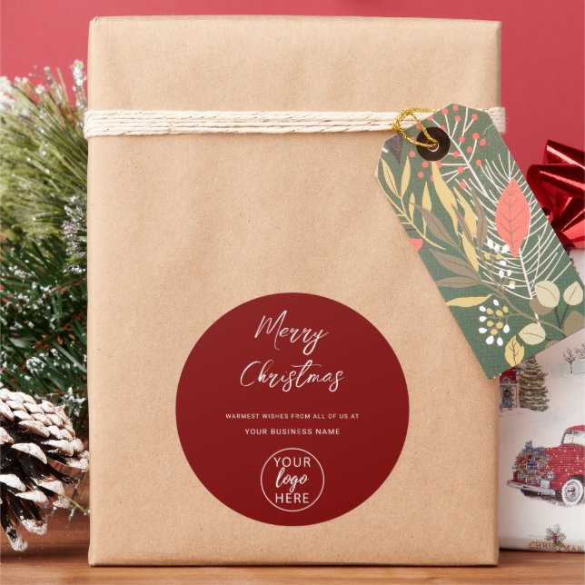 Custom Merry Christmas Business Logo Classic Round Sticker (Holiday)