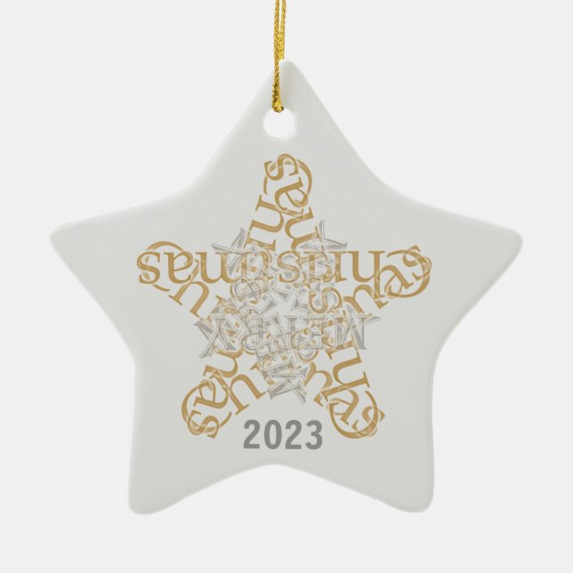 Custom Merry Christmas Calligraphy Star Ceramic Ornament (Front)