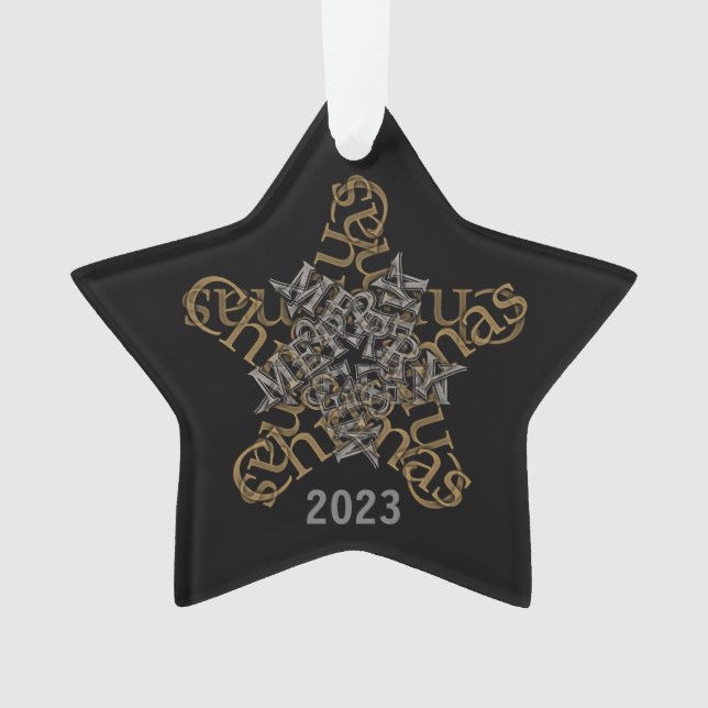 Custom Merry Christmas Calligraphy Star on Black Ornament (Front)