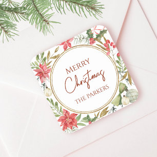 Custom Merry Christmas Festive Floral Frame Square Sticker