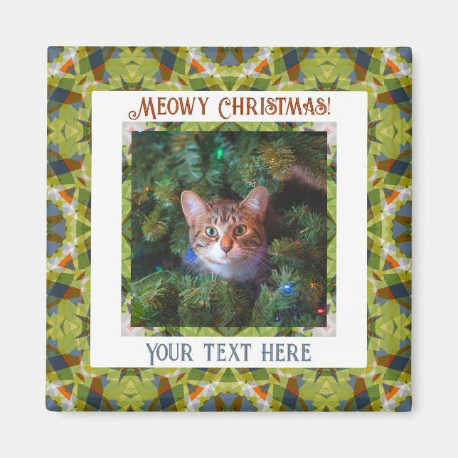 Custom Merry Christmas Green Cat Kitten Pet Photo Magnet (Front)