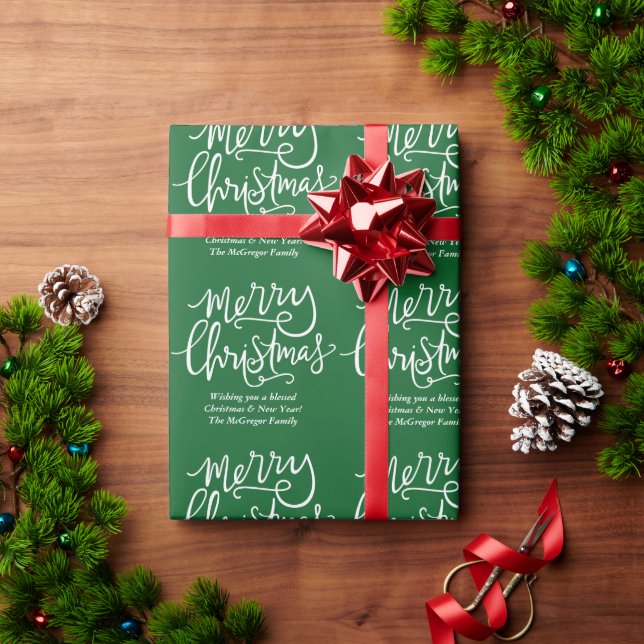 Custom Merry Christmas Green & White Family Name Wrapping Paper (Holiday Gift)