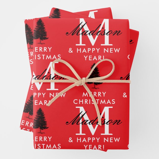 Custom Merry Christmas & Happy New Year Monogram Wrapping Paper Sheet (In situ)