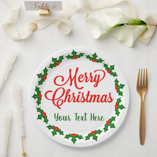 Custom Merry Christmas Holly Berry   Paper Plate (Wedding)