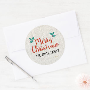 Custom Merry Christmas Holly Design Classic Round Sticker