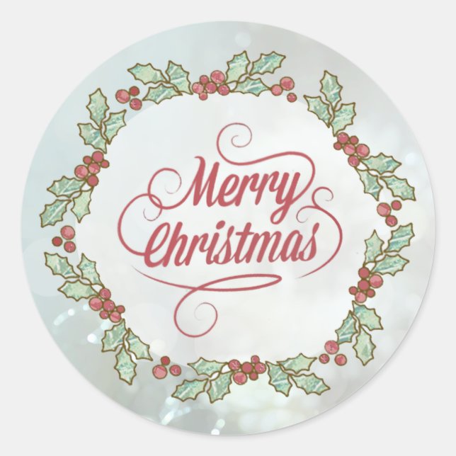 Custom Merry Christmas Holly Wreath Stickers (Front)