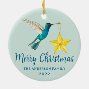 Custom Merry Christmas Hummingbird and Star Ceramic Ornament