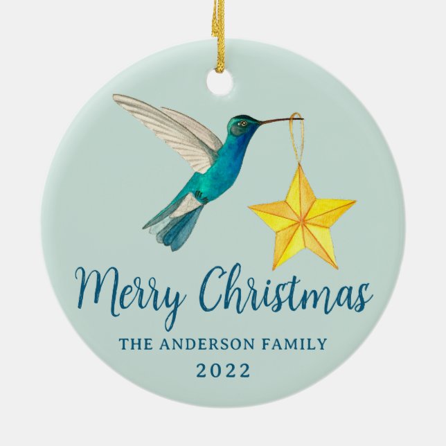 Custom Merry Christmas Hummingbird and Star Ceramic Ornament (Back)