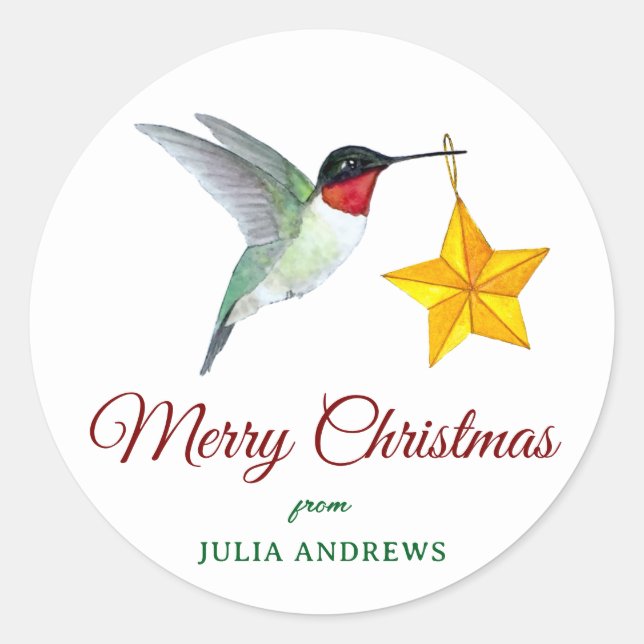 Custom Merry Christmas Hummingbird  Classic Round Sticker (Front)