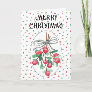 Custom Merry Christmas Mistletoe & Red Berries Holiday Card