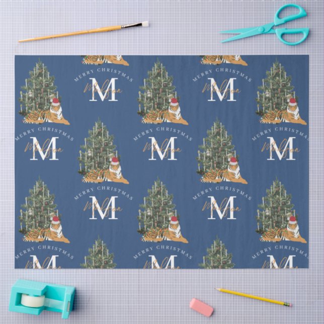 Custom Merry Christmas Monogram Tiger & Tree Blue Tissue Paper (Craft)