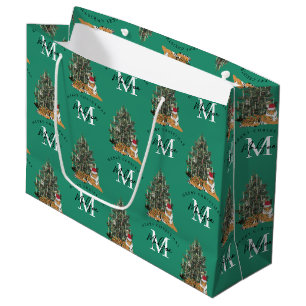 Custom Merry Christmas Monogram Tiger & Tree Green Large Gift Bag
