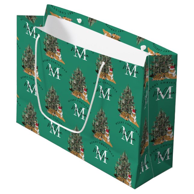 Custom Merry Christmas Monogram Tiger & Tree Green Large Gift Bag (Front Angled)
